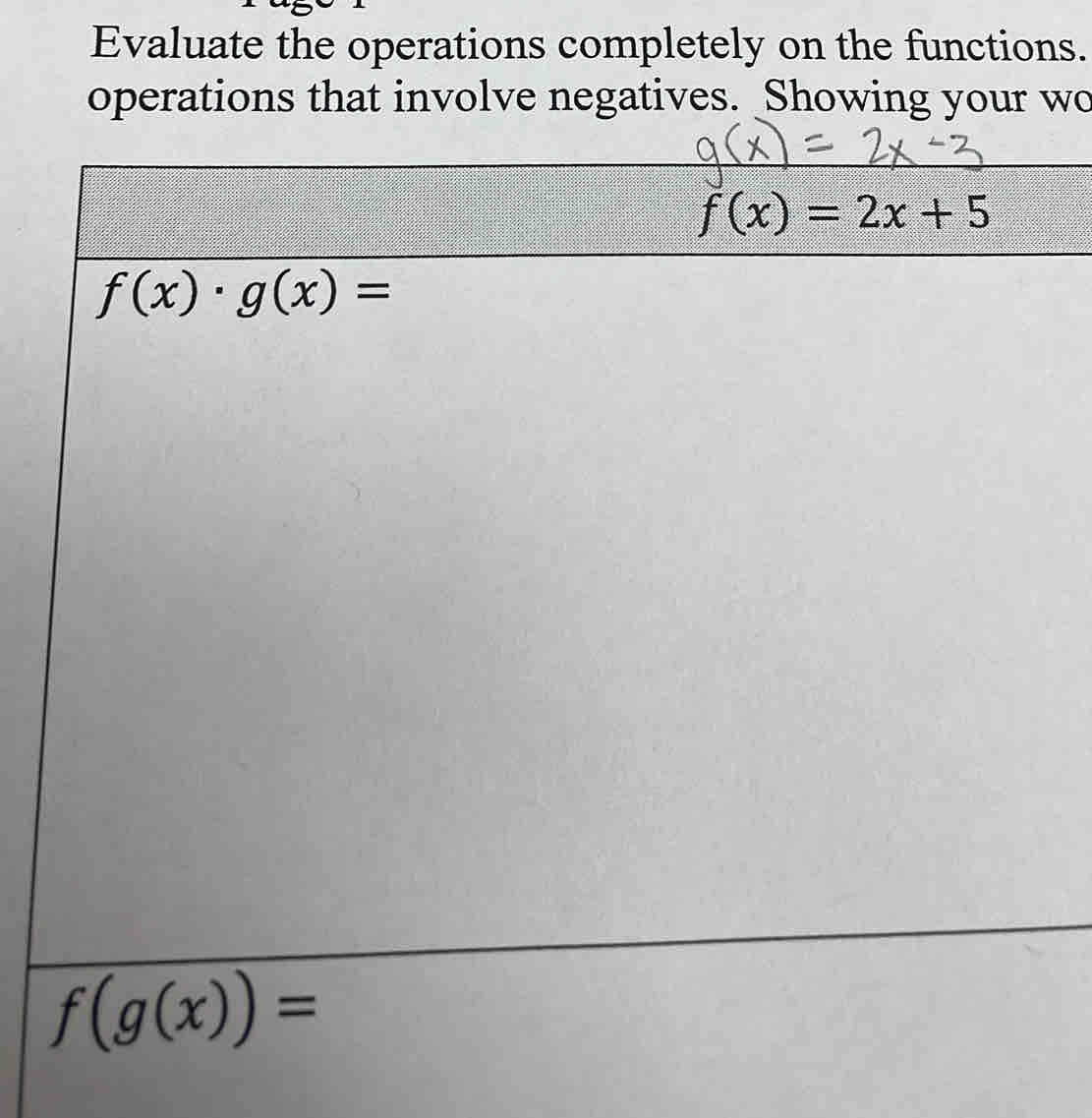 Evaluate the operations completely on the functions. 
operations that involve negatives. Showing your wo
f(x)=2x+5
f(x)· g(x)=
f(g(x))=