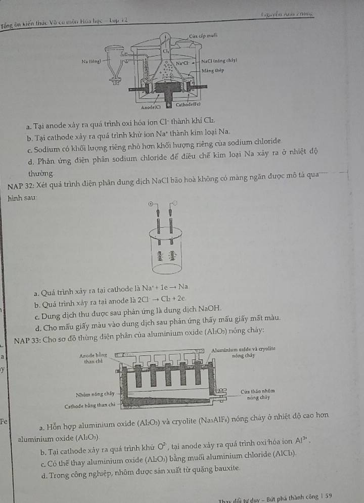 Tổng ôn kiến thức Và cơ môn Hóa học - Lợp 12 Lguyễn Anh 2hông
a. Tại anode xảy ra quá trình oxi hóa ion Cl thành khí Ch.
b. Tại cathode xây ra quá trình khử ion Na* thành kim loại Na.
c. Sodium có khối lượng riêng nhỏ hơn khối hượng riêng của sodium chloride
d. Phản ứng diện phân sodium chloride để điều chế kim loại Na xảy ra ở nhiệt độ
thường
NAP 32: Xét quá trình điện phân dung dịch NaCl bão hoà không có màng ngăn được mô tả qua
hình sau
。. Quá trình xảy ra tại cathode là Na* + 1e → Na
b. Quá trình xảy ra tại anode là 2Cl → Ch + 2e.
c. Dung dịch thu được sau phản ứng là dung dịch NaOH.
d. Cho mấu giấy màu vào dung dịch sau phản ứng thấy mấu giấy mất màu.
NAP 33: Cho sơ đồ thùng diện phân của aluminium oxide (Аl₂Ο) nóng chảy:
a

Fe
a. Hỗn hợp aluminium oxide (Αl₂Ο₃) và cryolite (Νа₅ΑΙF) nóng chảy ở nhiệt độ cao hơn
aluminium oxide (Al₂O₃)
b. Tại cathode xảy ra quá trình khủ O^2 tại anode xảy ra quá trình oxi hóa ion AI^(3+).
c. Có thể thay aluminium oxide (A½₂Ο₃) bằng muối aluminium chloride (AlClı).
d. Trong công nghiệp, nhôm được sản xuất từ quặng bauxite.
Thy dổi tự dụy - Bứt phá thành công 1 59