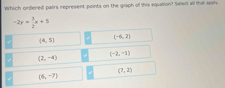 Which ordered pairs represent points on the graph of this equation? Select all that apply.
-2y= 3/2 x+5
(4,5)
(-6,2)
(-2,-1)
(2,-4)
(7,2)
(6,-7)