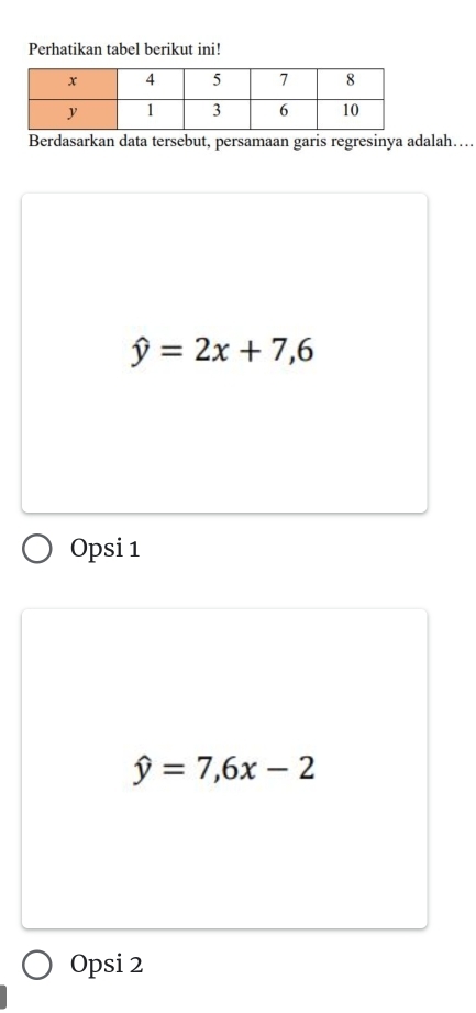 Perhatikan tabel berikut ini!
Berdasarkan data tersebut, persamaan garis regresinya adalah…
hat y=2x+7,6
Opsi 1
hat y=7, 6x-2
Opsi 2