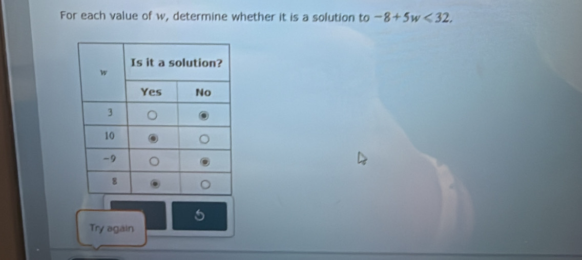 For each value of w, determine whether it is a solution to -8+5w<32</tex>, 
5 
Try again