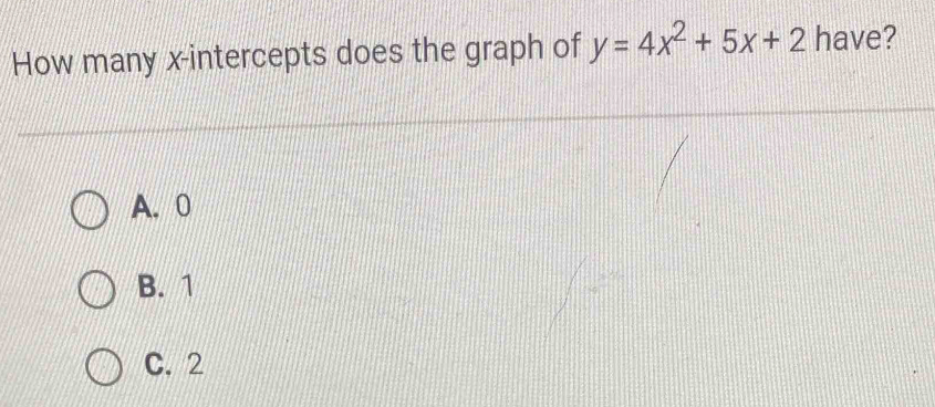 How many x-intercepts does the graph of y=4x^2+5x+2 have?
A. 0
B. 1
C. 2