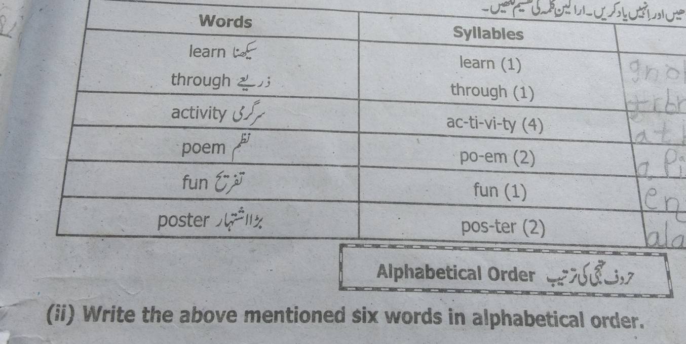 14
(ii) Write the above mentioned six words in alphabetical order.