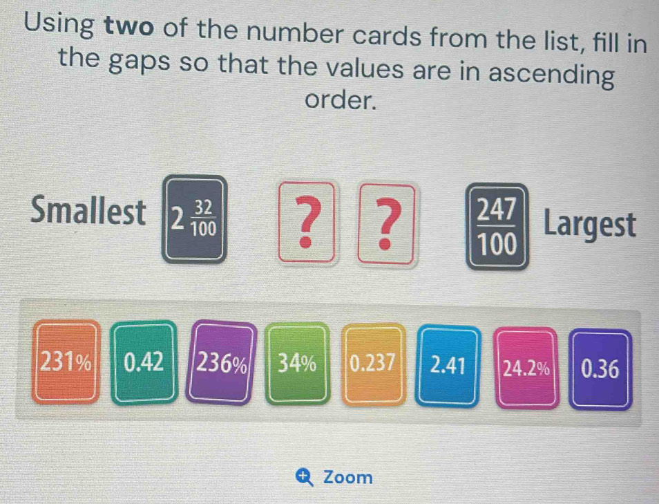 Using two of the number cards from the list, fill in
the gaps so that the values are in ascending 
order.
 247/100 
Smallest 2 32/100  Largest
231% 0.42 236% 34% 0.237 2.41 24.2% 0.36
Zoom