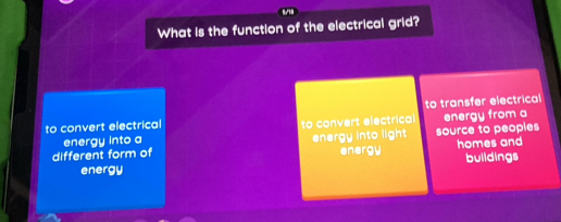 What is the function of the electrical grid?
to convert electrical to convert electrica to transfer electrical energy from a
energy into a
different form of energy into light source to peoples homes and
energy energy buildings