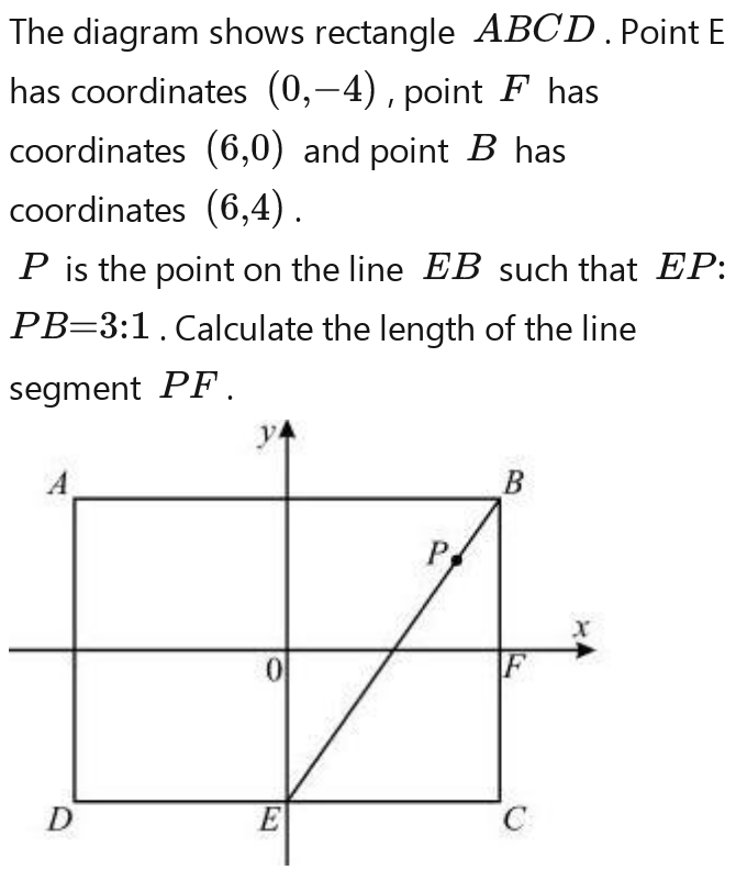 The diagram shows rectangle ABCD. Point E
has coordinates (0,-4) , point F has 
coordinates (6,0) and point B has 
coordinates (6,4)
P is the point on the line EB such that EP:
B=3:1. Calculate the length of the line 
segment PF.