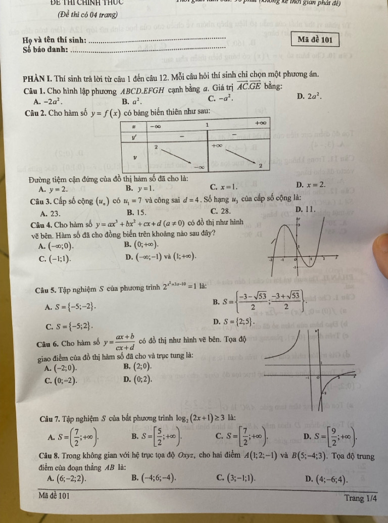 Bể Thị chính thức 1(không kế thời gian phát đề)
(Đề thi có 04 trang)
_
Họ và tên thí sinh: _Mã đề 101
Số báo danh:
PHÀN I. Thí sinh trả lời từ câu 1 đến câu 12. Mỗi câu hỏi thí sinh chỉ chọn một phương án.
Câu 1. Cho hình lập phương ABCD.EFGH cạnh bằng a. Giá trị vector AC.vector GE bằng:
A. -2a^2. B. a^2.
C. -a^2. D. 2a^2.
Câu 2. Cho hàm số y=f(x) có bảng biến thiên như sau:
Đường tiệm cận đứng của đồ thị hàm số đã cho là:
D.
A. y=2. B. y=1. C. x=1. x=2.
Câu 3. Cấp số cộng (u_n) có u_1=7 và công sai d=4 Số hạng ư của cấp số cộng là:
v
A. 23. B. 15. C. 28.
D. 11 .
Câu 4. Cho hàm số y=ax^3+bx^2+cx+d(a!= 0) có đồ thị như hình
vẽ bên. Hàm số đã cho đồng biến trên khoảng nào sau đây?
A. (-∈fty ;0). B. (0;+∈fty ).
C. (-1;1). D. (-∈fty ;-1) và (1;+∈fty ).
Câu 5. Tập nghiệm S của phương trình 2^(x^2)+3x-10=1 là:
A. S= -5;-2 .
B. S=  (-3-sqrt(53))/2 ; (-3+sqrt(53))/2  .
D.
C. S= -5;2 . S= 2;5 .
Câu 6. Cho hàm số y= (ax+b)/cx+d  có đồ thị như hình vẽ bên. Tọa độ
giao điểm của đồ thị hàm số đã cho và trục tung là:
A. (-2;0). B. (2;0).
C. (0;-2). D. (0;2).
Câu 7. Tập nghiệm S của bất phương trình log _2(2x+1)≥ 3 là:
A. S=( 7/2 ;+∈fty ). B. S=[ 5/2 ;+∈fty ). C. S=[ 7/2 ;+∈fty ). D. S=[ 9/2 ;+∈fty ).
Câu 8. Trong không gian với hệ trục tọa độ Oxyz, cho hai điểm A(1;2;-1) và B(5;-4;3).  Tọa độ trung
điểm của đoạn thẳng AB là:
A. (6;-2;2). B. (-4;6;-4). C. (3;-1;1). D. (4;-6;4).
Mã đề 101 Trang 1/4