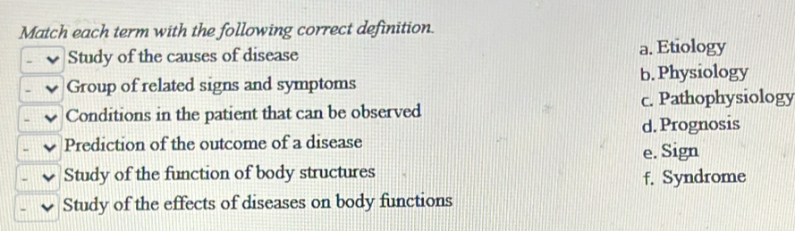 Match each term with the following correct definition.
Study of the causes of disease a. Etiology
Group of related signs and symptoms b. Physiology
Conditions in the patient that can be observed c. Pathophysiology
d. Prognosis
Prediction of the outcome of a disease
e. Sign
Study of the function of body structures
f. Syndrome
Study of the effects of diseases on body functions