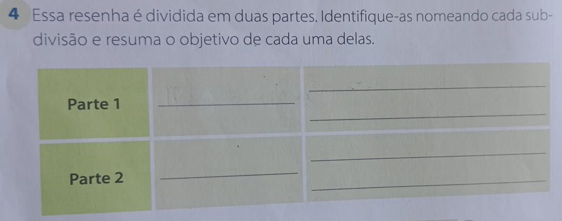 Essa resenha é dividida em duas partes. Identifique-as nomeando cada sub- 
divisão e resuma o objetivo de cada uma delas.