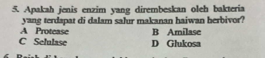 Apakah jenis enzim yang dirembeskan oleh bakteria
yang terdapat di dalam salur makanan haiwan herbivor?
A Protease B Amilase
C Selulase D Glukosa