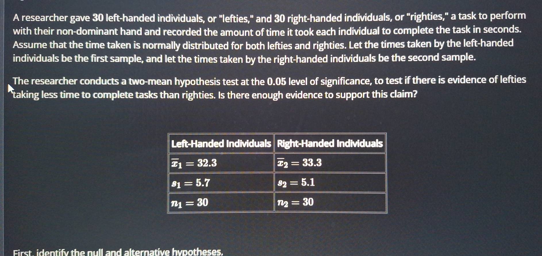 A researcher gave 30 left-handed individuals, or "lefties," and 30 right-handed individuals, or "righties," a task to perform
with their non-dominant hand and recorded the amount of time it took each individual to complete the task in seconds.
Assume that the time taken is normally distributed for both lefties and righties. Let the times taken by the left-handed
individuals be the first sample, and let the times taken by the right-handed individuals be the second sample.
The researcher conducts a two-mean hypothesis test at the 0.05 level of significance, to test if there is evidence of lefties
taking less time to complete tasks than righties. Is there enough evidence to support this claim?
First, identify the null and alternative hypotheses.