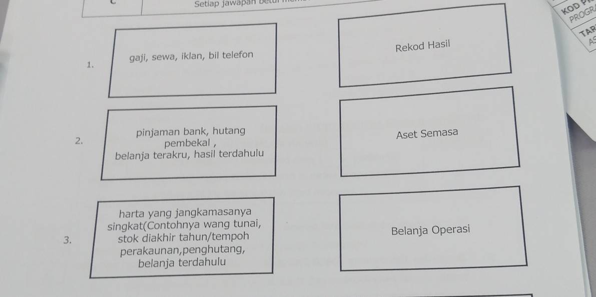 Setiap jawapan betu 
KOD P 
PROGR. 
TAR 
Rekod Hasil 
A 
1. gaji, sewa, iklan, bil telefon 
pinjaman bank, hutang 
2. 
Aset Semasa 
pembekal , 
belanja terakru, hasil terdahulu 
harta yang jangkamasanya 
singkat(Contohnya wang tunai, 
3. stok diakhir tahun/tempoh Belanja Operasi 
perakaunan,penghutang, 
belanja terdahulu