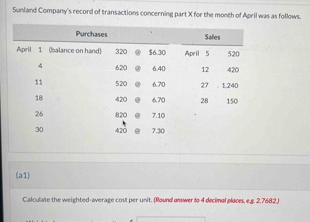 Sunland Company's record of transactions concerning part X for the month of April was as follows. 
(a1) 
Calculate the weighted-average cost per unit. (Round answer to 4 decimal places, e.g. 2.7682.)