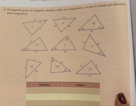 Del siguente grupo de triángulos, identífica cuales sen congraentes y eacribe el criterio que determina
dicha congruencia.
 
Triángulas Criters