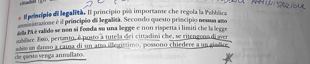 cittdin (gh 
ll principio di legalità. Il principio più importante che regola la Pubblica 
amministrazione è il principio di legalità. Secondo questo principio nessun atto 
della PA è valido se non si fonda su una legge e non rispetta i limiti che la legge 
stabilisce. Esso, pertanto, è posto à tutela dei cittadini che, se ritengono di aver 
subito un danno a causa di un atto illegittimo, possono chiedere a un giudice 
che questo venga annullato.