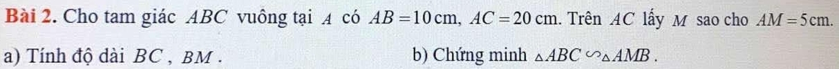 Cho tam giác ABC vuông tại 4 có AB=10cm, AC=20cm. Trên AC lấy M sao cho AM=5cm. 
a) Tính độ dài BC , BM. b) Chứng minh △ ABC∽ △ AMB.