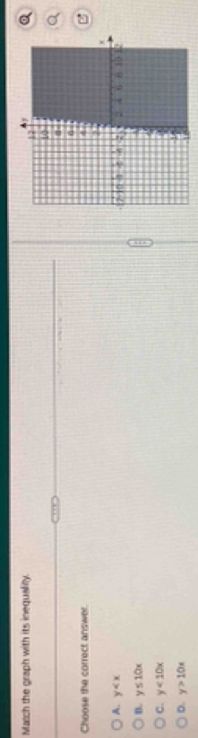 Masch the graph with its inequality.
12
10
4
q
Choose the correct answer. 4
2,
A. y
7 10 1 7 2 4 n θ 10 2
B. y≤ 10x
C. y<10x</tex>
h
D. y>10x