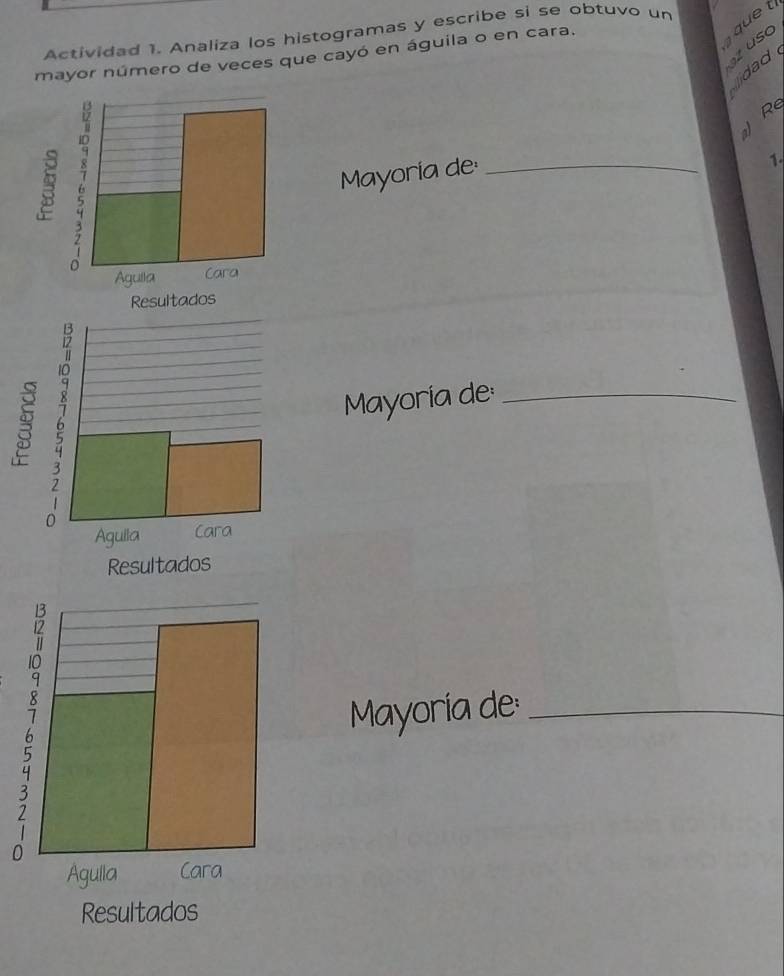 Actividad 1. Analiza los histogramas y escribe si se obtuvo un 
mayor número de veces que cayó en águila o en cara. 
que t 
at USC 
idad 
R 
Mayoría de_ 
1 
Mayoría de:_ 
Mayoría de:_ 
0