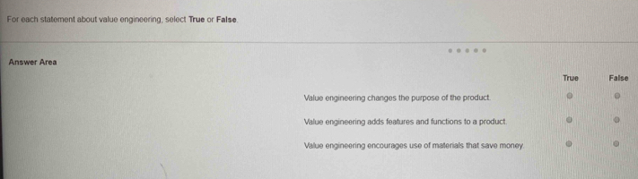 For each statement about value engineering, select True or False.
Answer Area
True False
Value engineering changes the purpose of the product.
Value engineering adds features and functions to a product
Value engineering encourages use of materials that save money.