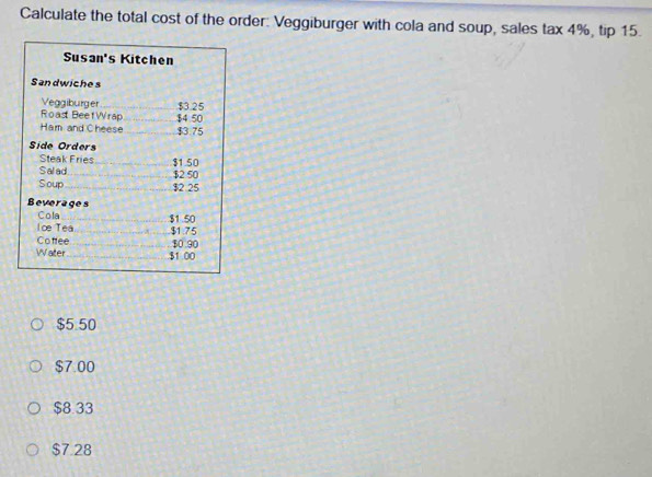 Calculate the total cost of the order: Veggiburger with cola and soup, sales tax 4%, tip 15.
Susan's Kitchen
Sandwiches
Veggiburger _ $3.25
Roast BeefWrap
Ham and Cheese __ $3.75 $4 50
Side Orders
Steak Fries
Sal ad _ $1.50
Soup_ _ $2 25 $2 50
Beverages
Cola _ $1.50
I ce Tea __ $1.75
Coffee _ $0.90
Water _. $1.00
$5.50
$7.00
$8.33
$7.28