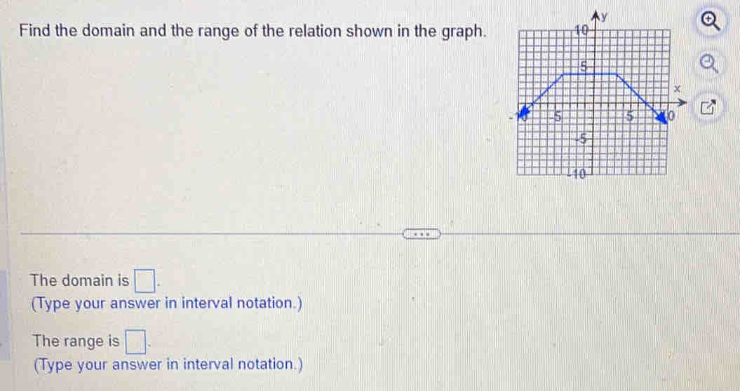 Find the domain and the range of the relation shown in the graph. 
The domain is □. 
(Type your answer in interval notation.) 
The range is □. 
(Type your answer in interval notation.)