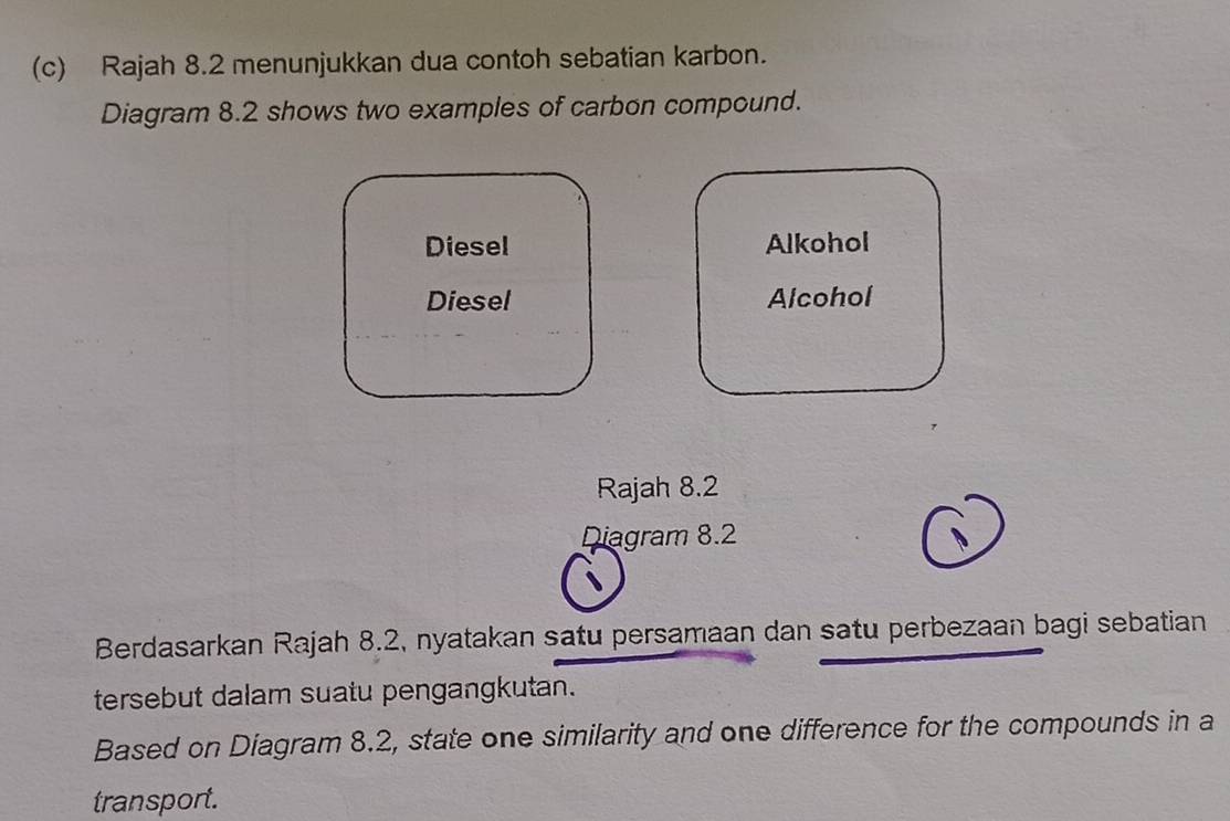 Rajah 8.2 menunjukkan dua contoh sebatian karbon.
Diagram 8.2 shows two examples of carbon compound.
Diesel Alkohol
Diesel Alcohol
Rajah 8.2
Diagram 8.2
Berdasarkan Rajah 8.2, nyatakan satu persamaan dan satu perbezaan bagi sebatian
tersebut dalam suatu pengangkutan.
Based on Diagram 8.2, state one similarity and one difference for the compounds in a
transport.