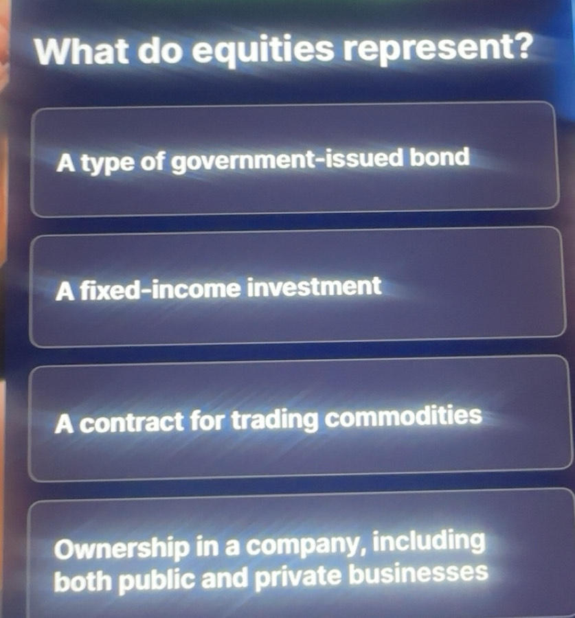 Solved: What do equities represent? A type of government-issued bond A ...