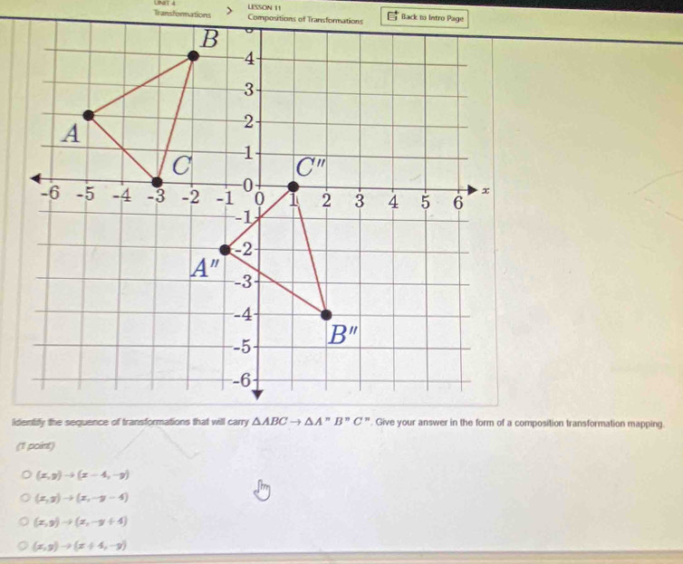 LINIT 4 LESSON 11
Transformations
(1 point)
(x,y)to (x-4,-y)
(x,y)to (x,-y-4)
(x,y)to (x,-y+4)
(x,y)to (x+4,-y)