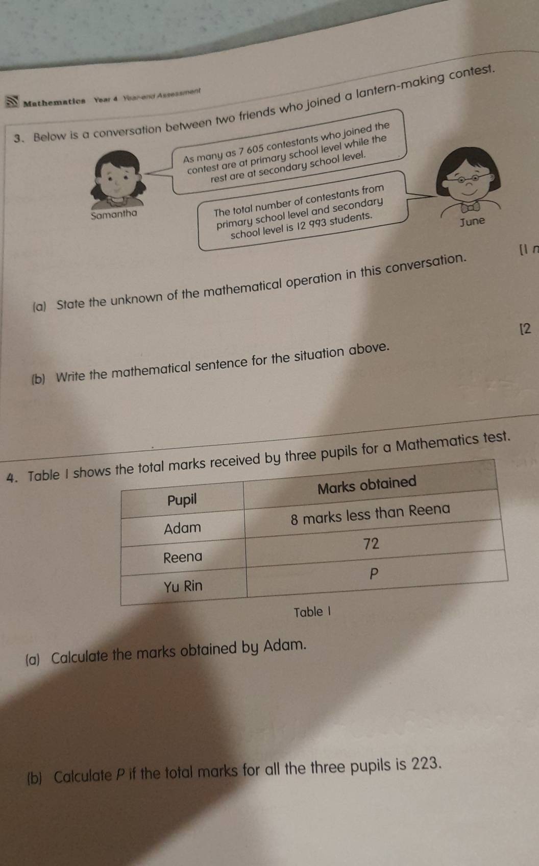 Mathematics Year 4 Year-and Assessmen 
3. Below is a conversation between two friends who joined a lantern-making contest 
As many as 7 605 contestants who joined the 
contest are at primary school level while the 
rest are at secondary school level. 
Samantha 
The total number of contestants from 
primary school level and secondary 
school level is 12 993 students. 
June 
[ln 
(a) State the unknown of the mathematical operation in this conversation. 
[2 
(b) Write the mathematical sentence for the situation above. 
4. Table I sh pupils for a Mathematics test. 
(a) Calculate the marks obtained by Adam. 
(b) Calculate P if the total marks for all the three pupils is 223.