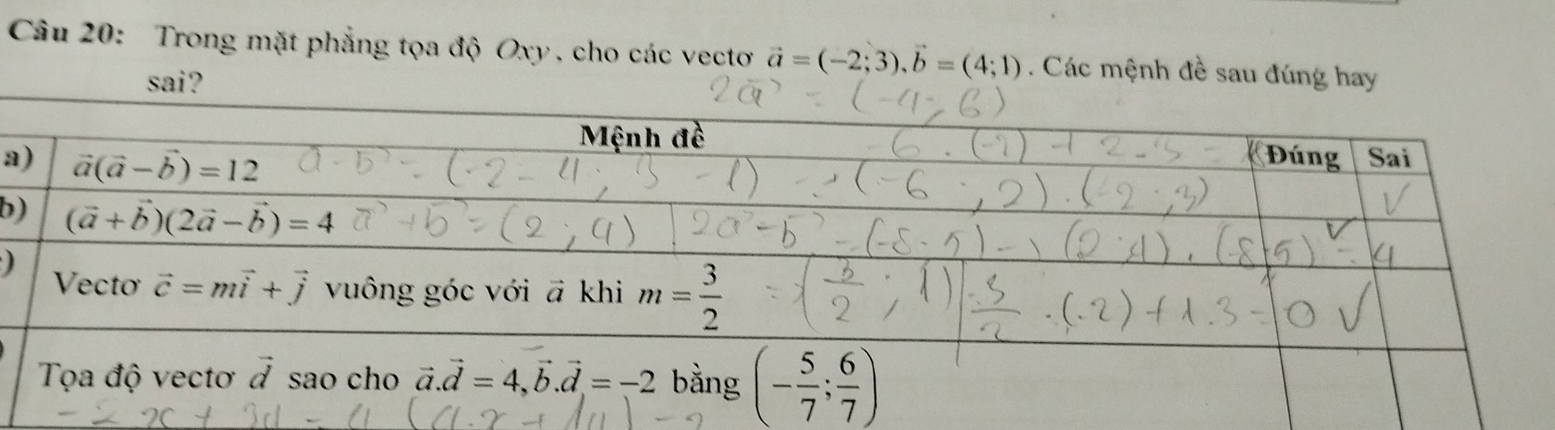 Trong mặt phẳng tọa độ Oxy , cho các vecto vector a=(-2;3),vector b=(4;1). Các mệnh đề sau đúng hay
a
b
)