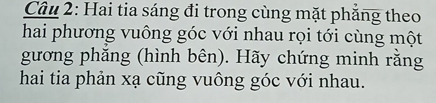 Hai tia sáng đi trong cùng mặt phẳng theo 
hai phương vuông góc với nhau rọi tới cùng một 
gương phăng (hình bên). Hãy chứng minh rằng 
hai tia phản xạ cũng vuông góc với nhau.