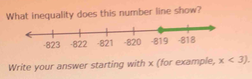 What inequality does this number line show? 
Write your answer starting with x (for example, x<3).