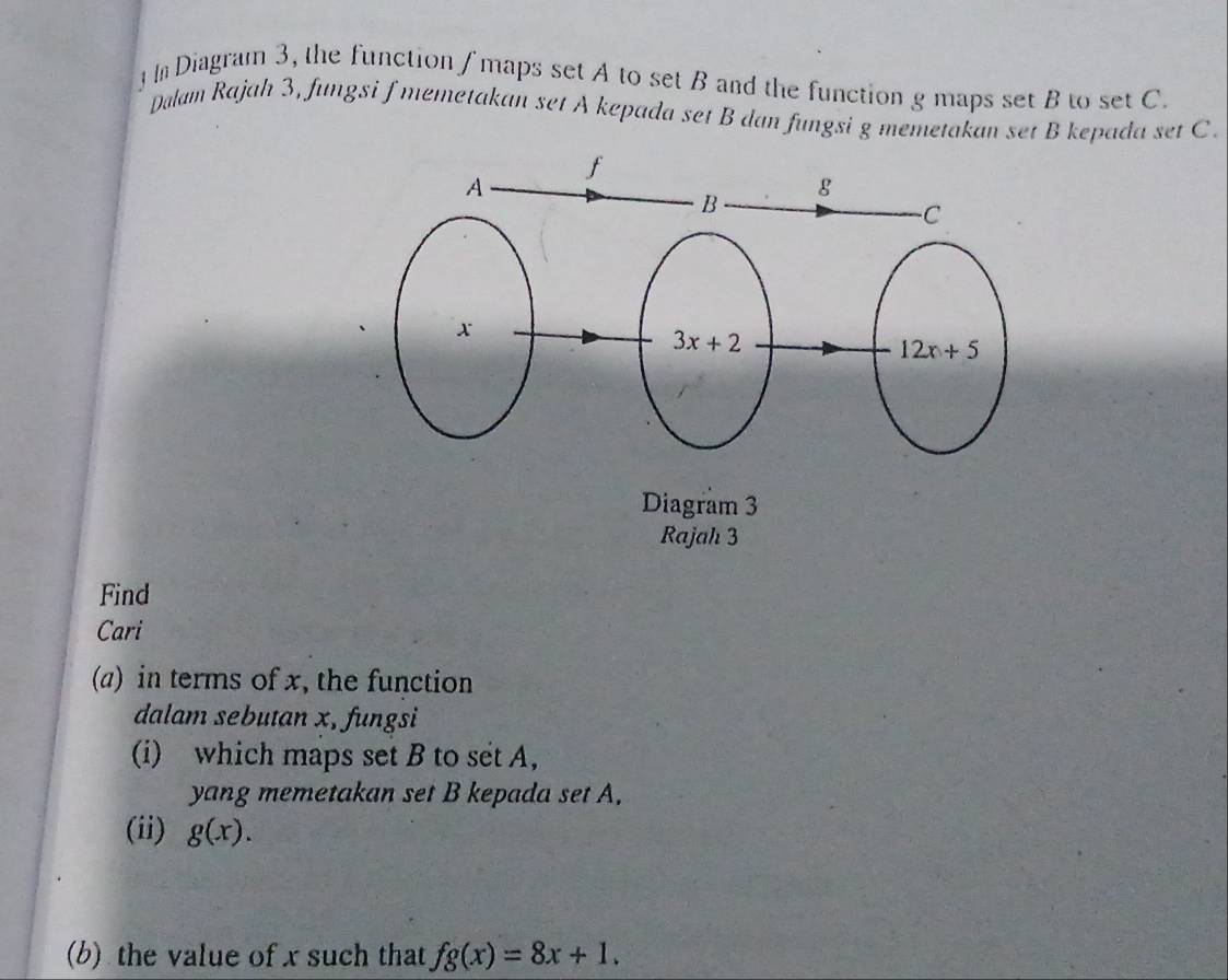 Diagram 3, the function/ maps set A to set B and the function g maps set B to set C.
Dəlam Rajah 3, fungsi f memetakan set A kepada set B dan fungsi g memetakan set B kepada set C.
Find
Cari
(a) in terms of x, the function
dalam sebutan x, fungsi
(i) which maps set B to set A,
yang memetakan set B kepada set A.
(ii) g(x).
(b) the value of x such that fg(x)=8x+1.