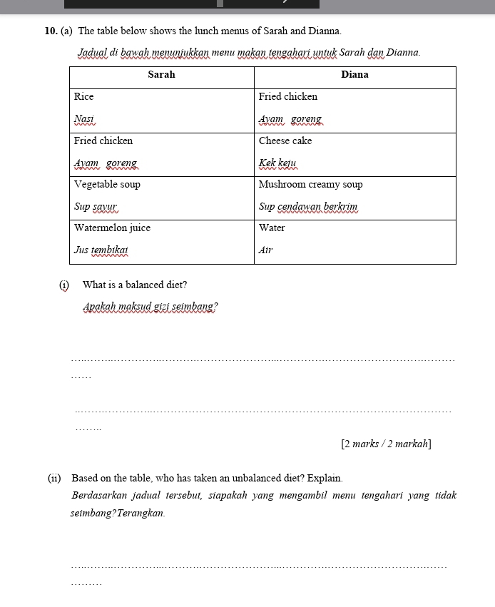 The table below shows the lunch menus of Sarah and Dianna. 
Jadual di bawah menunjukkan menu makan tengahari untuk Sarah dạn Dianna. 
(i) What is a balanced diet? 
Apakah maksud gizi seimbang? 
_ 
_ 
_ 
_ 
[2 marks / 2 markah] 
(ii) Based on the table, who has taken an unbalanced diet? Explain. 
Berdasarkan jadual tersebut, siapakah yang mengambil menu tengahari yang tidak 
seimbang?Terangkan. 
_ 
_