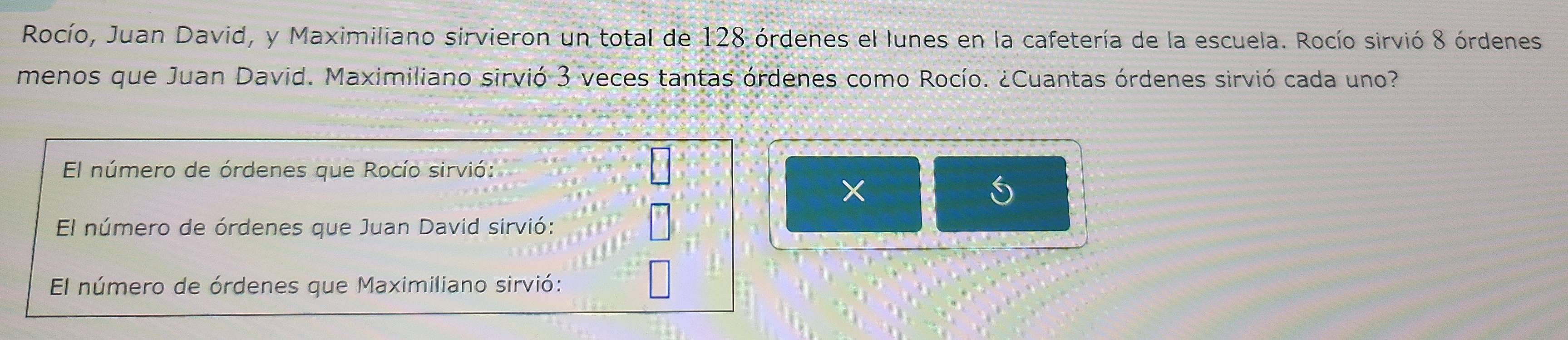 Rocío, Juan David, y Maximiliano sirvieron un total de 128 órdenes el lunes en la cafetería de la escuela. Rocío sirvió 8 órdenes 
menos que Juan David. Maximiliano sirvió 3 veces tantas órdenes como Rocío. ¿Cuantas órdenes sirvió cada uno? 
El número de órdenes que Rocío sirvió: 
× 
El número de órdenes que Juan David sirvió: 
El número de órdenes que Maximiliano sirvió: