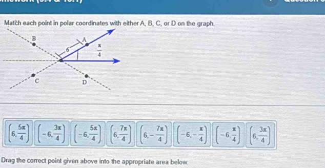(6, 5π /4 ) (-6, 3π /4 ) (-6, 5π /4 ) (6, 7π /4 ) (6,- 7π /4 ) (-6,- π /4 ) (-6, π /4 ) (6, 3π /4 )
Drag the correct point given above into the appropriate area below.