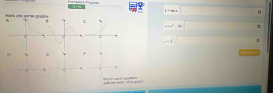 Homework Progress 12/40
Here are some graphs
y=sin x|
A
y=x^3-3x□
y=2'□ □
=EA==
with the letter of its graph. equation