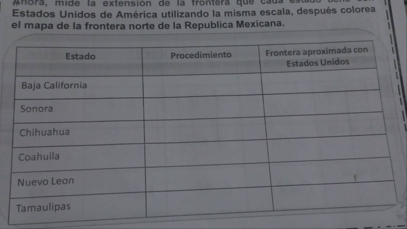 Anora, mide la extensión de la frontera que cada e 
Estados Unidos de América utilizando la misma escala, después colorea 
el mapa de la frontera norte de la Republica Mexicana.