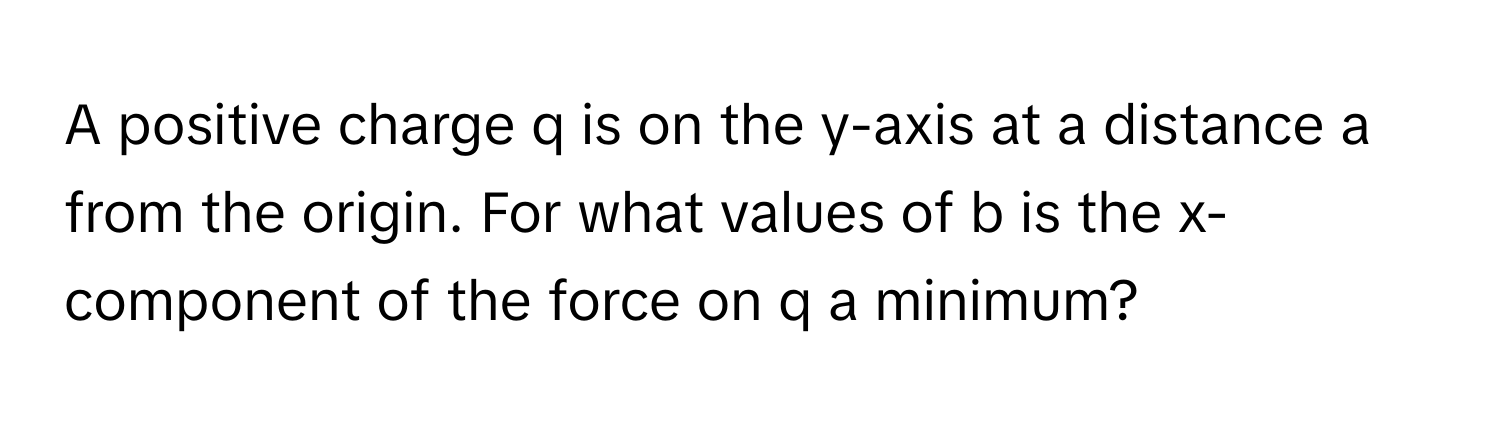 A positive charge q is on the y-axis at a distance a from the origin. For what values of b is the x-component of the force on q a minimum?