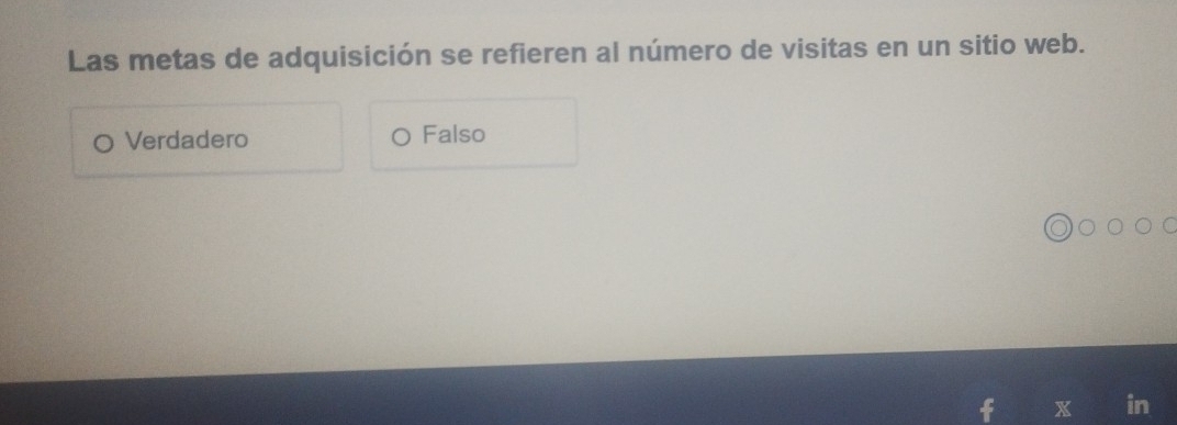 Las metas de adquisición se refieren al número de visitas en un sitio web.
Verdadero Falso
a