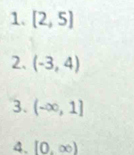 [2,5]
2. (-3,4)
3. (-∈fty ,1]
4. [0,∈fty )