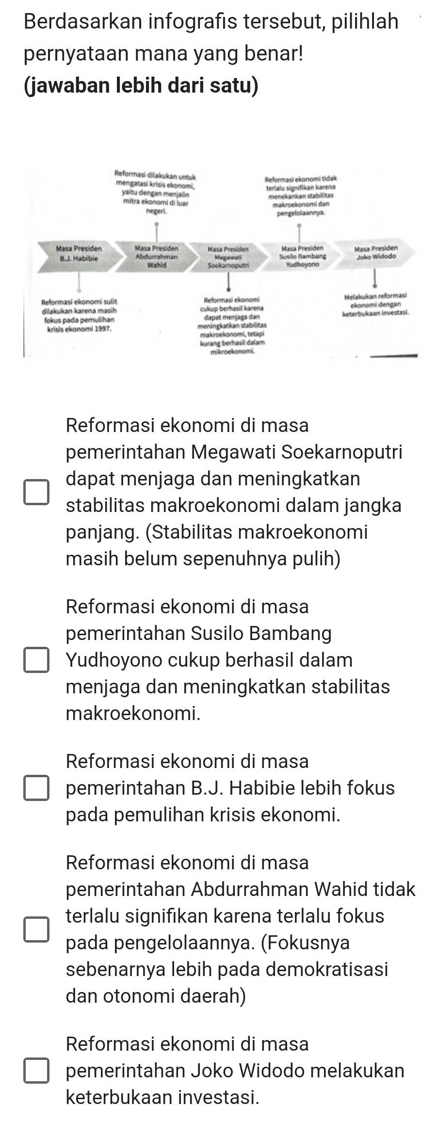 Berdasarkan infografıs tersebut, pilihlah
pernyataan mana yang benar!
(jawaban lebih dari satu)
.
Reformasi ekonomi di masa
pemerintahan Megawati Soekarnoputri
dapat menjaga dan meningkatkan
stabilitas makroekonomi dalam jangka
panjang. (Stabilitas makroekonomi
masih belum sepenuhnya pulih)
Reformasi ekonomi di masa
pemerintahan Susilo Bambang
Yudhoyono cukup berhasil dalam
menjaga dan meningkatkan stabilitas
makroekonomi.
Reformasi ekonomi di masa
pemerintahan B.J. Habibie lebih fokus
pada pemulihan krisis ekonomi.
Reformasi ekonomi di masa
pemerintahan Abdurrahman Wahid tidak
terlalu signifikan karena terlalu fokus
pada pengelolaannya. (Fokusnya
sebenarnya lebih pada demokratisasi
dan otonomi daerah)
Reformasi ekonomi di masa
pemerintahan Joko Widodo melakukan
keterbukaan investasi.