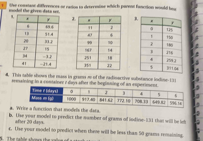 Use constant differences or ratios to determine which parent function would best 
model the given data set.
23

4. This table shows the mass in grams m of the radioactive substance iodine- 131
remaining in a container t days after the beginning of an exp 
a. Write a function that models the data. 
b. Use your model to predict the number of grams of iodine- 131 that will be left 
after 20 days. 
c. Use your model to predict when there will be less than 50 grams remaining. 
5. The table shows the value of a so