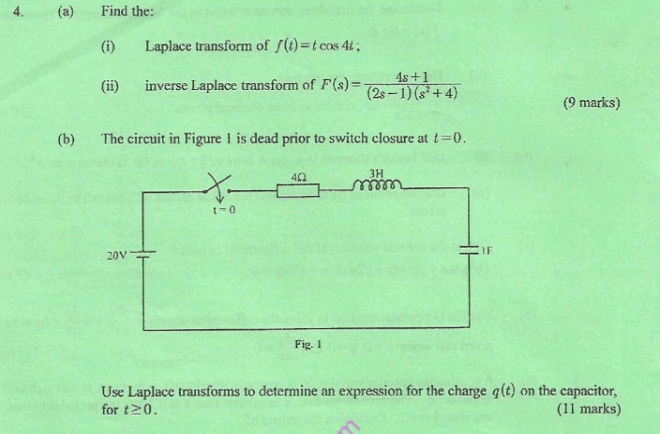 Find the:
(i) Laplace transform of f(t)=tcos 4t;
(ii) inverse Laplace transform of F(s)= (4s+1)/(2s-1)(s^2+4)  (9 marks)
(b) The circuit in Figure 1 is dead prior to switch closure at t=0.
Use Laplace transforms to determine an expression for the charge q(t) on the capacitor,
for t≥ 0. (11 marks)