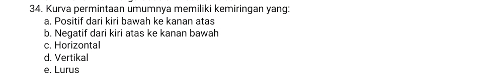 Kurva permintaan umumnya memiliki kemiringan yang:
a. Positif dari kiri bawah ke kanan atas
b. Negatif dari kiri atas ke kanan bawah
c. Horizontal
d. Vertikal
e. Lurus