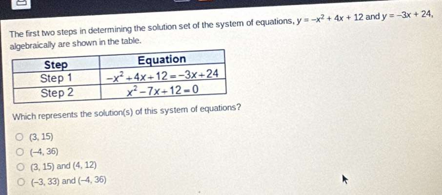 The first two steps in determining the solution set of the system of equations, y=-x^2+4x+12 and y=-3x+24,
algebraically are shown in the table.
Which represents the solution(s) of this system of equations?
(3,15)
(-4,36)
(3,15) and (4,12)
(-3,33) and (-4,36)