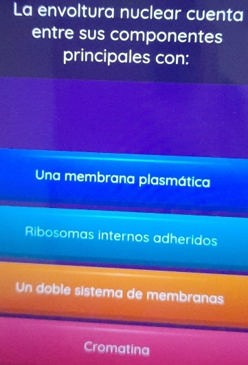 La envoltura nuclear cuenta
entre sus componentes
principales con:
Una membrana plasmática
Ribosomas internos adheridos
Un doble sistema de membrana
Cromatina