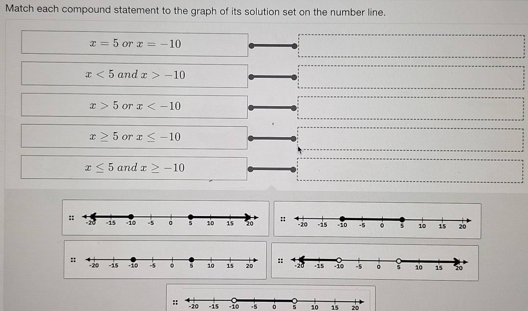 Match each compound statement to the graph of its solution set on the number line.
x=5 or x=-10
x<5</tex> and x>-10
x>5 or x
x≥ 5 or x≤ -10
x≤ 5 and x≥ -10
::
-5 。 5 10 15 20