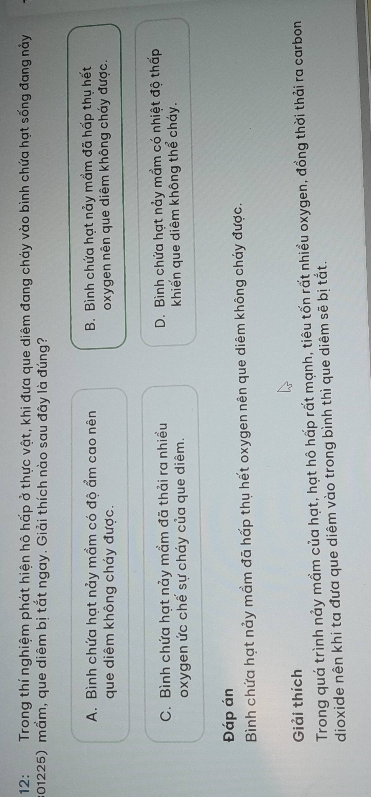 12: Trong thí nghiệm phát hiện hô hấp ở thực vật, khi đưa que diêm đang cháy vào bình chứa hạt sống đang nảy
301225) mầm, que diêm bị tắt ngay. Giải thích nào sau đây là đúng?
A. Bình chứa hạt nảy mầm có độ ẩm cao nên B. Bình chứa hạt nảy mầm đã hấp thụ hết
que diêm không cháy được. oxygen nên que diêm không cháy được.
C. Bình chứa hạt nảy mầm đã thải ra nhiều D. Bình chứa hạt nảy mầm có nhiệt độ thấp
oxygen ức chế sự cháy của que diêm. khiến que diêm không thể cháy.
Đáp án
Bình chứa hạt nảy mầm đã hấp thụ hết oxygen nên que diêm không cháy được.
Giải thích
Trong quá trình nảy mầm của hạt, hạt hô hấp rất mạnh, tiêu tốn rất nhiều oxygen, đồng thời thải ra carbon
dioxide nên khi ta đưa que diêm vào trong bình thì que diêm sẽ bị tắt.