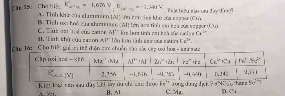 Cho biết: E_Al^(3+)/Al^0=-1,676V;E_Cu^(2+)/Cu^circ =+0,340V. Phát biều nào sau đây đúng?
A. Tính khử của aluminium (Al) lớn hơn tính khử của copper (Cu).
B. Tính oxi hoá của aluminium (Al) lớn hơn tính oxi hoá của copper (Cu).
C. Tính oxi hoá của cation Al^(3+)lon hơn tính oxi hoá của cation Cu^(2+).
D. Tính khử của cation Al^(3+) lớn hơn tính khử của cation Cu^(2+).
Câu 16: Cho biết giá trị thế điện cực chuẩn của các cặp oxi hoá - khử sau:
Kim loại nào sau đây khi lấy dư chỉ khử được Fe^(3+) trong dung dịch Fe(NO_3)_3 th
A. Zn. B. Al. C. Mg. D. Cu.